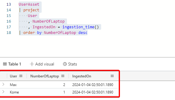 Kusto table and data